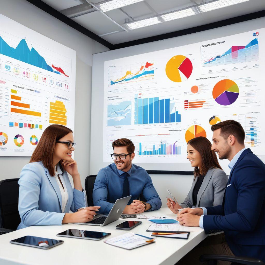 A dynamic workplace scene featuring diverse professionals engaged in active discussions, brainstorming with digital devices, surrounded by charts and graphs depicting growth and talent development. The atmosphere should convey empowerment and collaboration, set against a modern office backdrop with motivational quotes on walls. super-realistic. vibrant colors. white background.