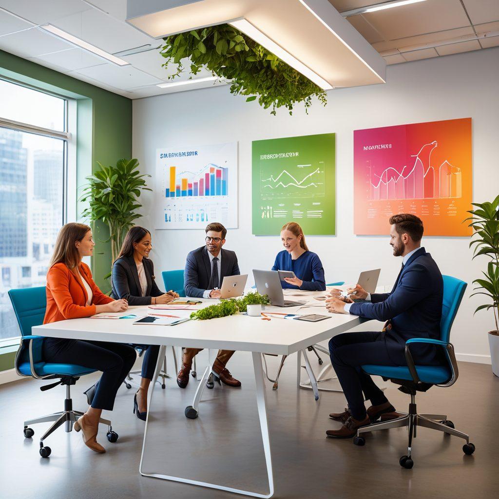 A dynamic scene depicting a diverse group of professionals collaborating in a modern office space, surrounded by digital innovation elements such as charts and graphs. Showcase a mentor guiding a young professional, symbolizing workforce development and growth. Bright colors to convey energy and creativity, with an overall sense of empowerment and futurism. super-realistic. vibrant colors. 3D.