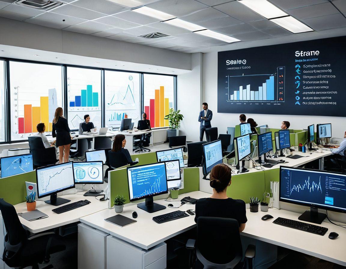A bustling modern office environment with diverse professionals collaborating and brainstorming over innovative staffing strategies, featuring a large digital screen displaying growth charts and diverse workforce icons. Bright, motivating colors and a dynamic atmosphere that symbolizes success and teamwork. super-realistic. vibrant colors. 3D.